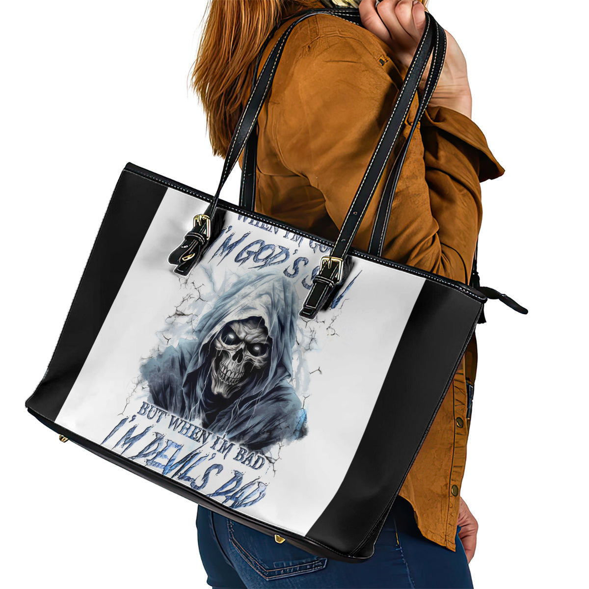 Death Skull Leather Tote Bag When I'm Good I God's Son But When I'm Bad I'm Devil's Dad DT01