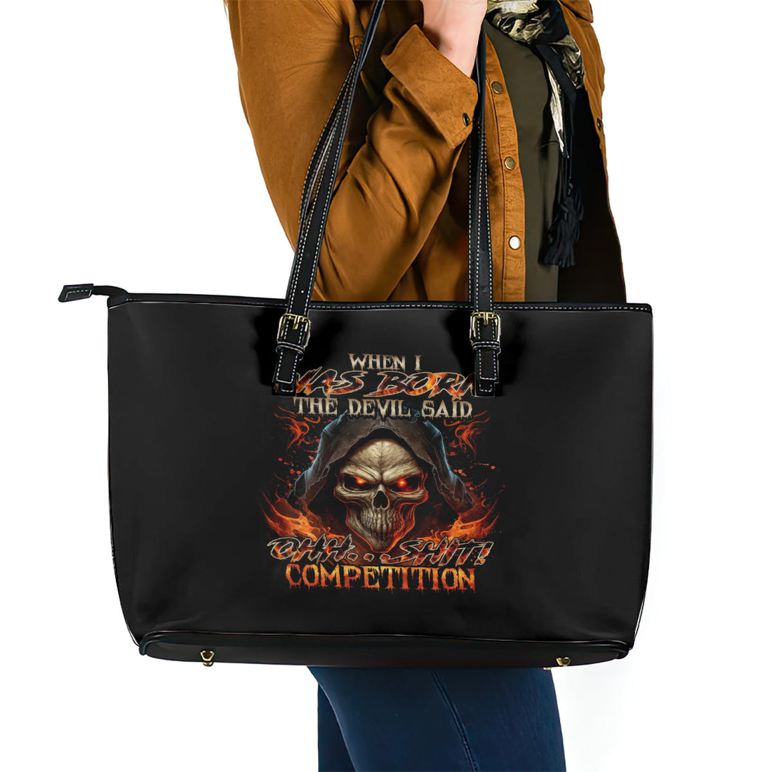 Flame Skull Leather Tote Bag When I Was Born The Devil Said Oh Shit Compettion DT01