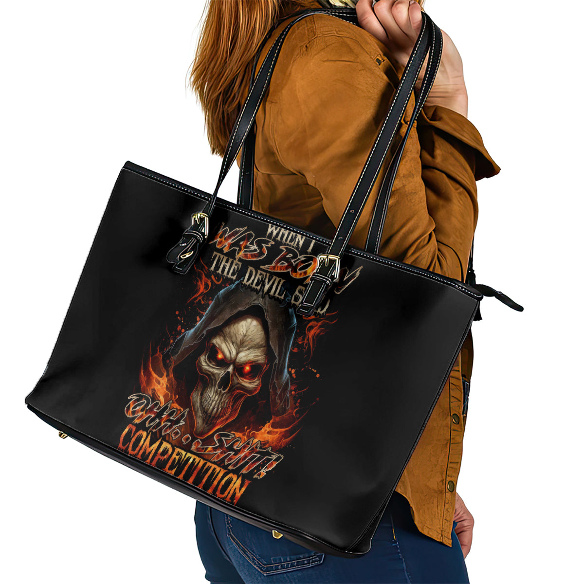 Flame Skull Leather Tote Bag When I Was Born The Devil Said Oh Shit Compettion DT01