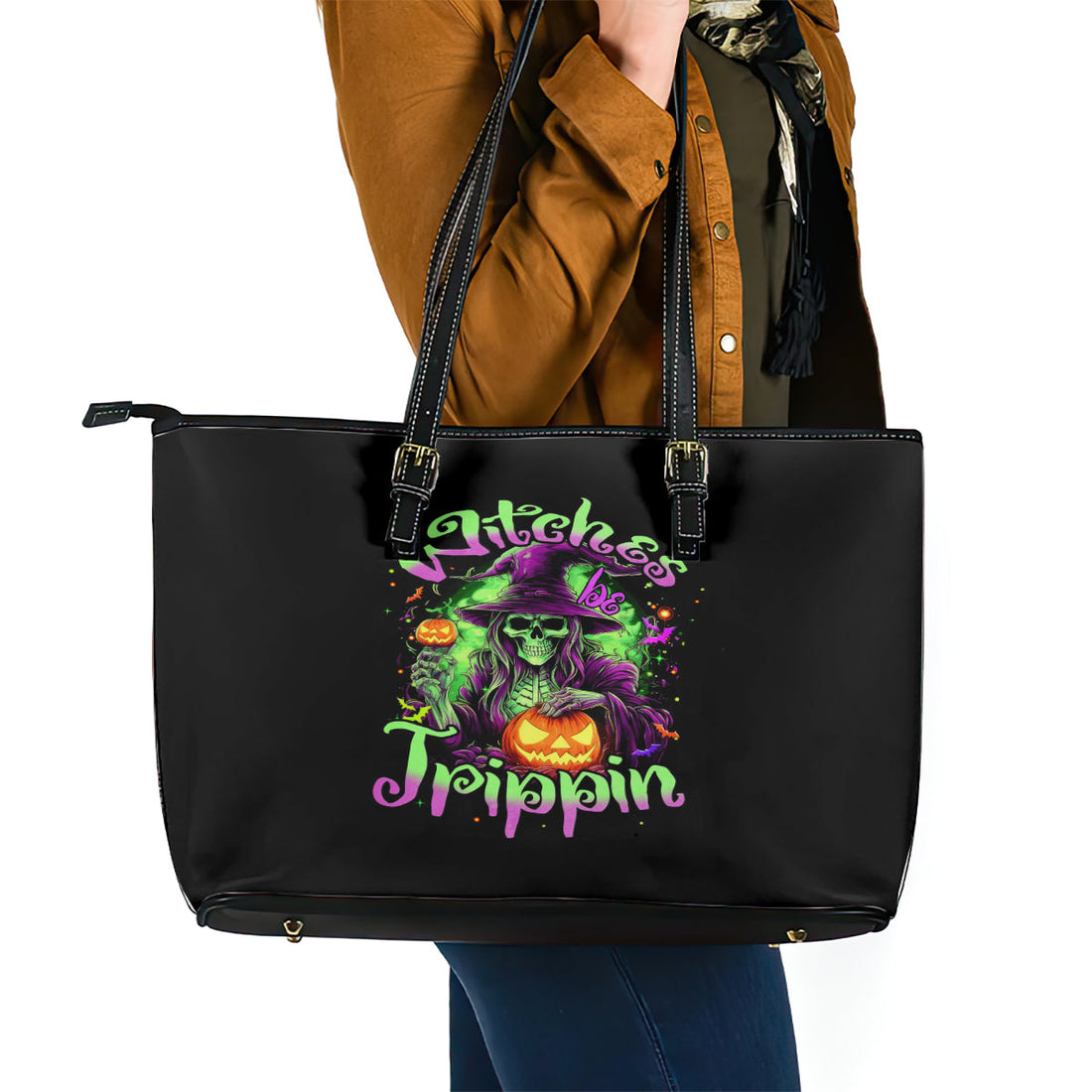 Pumpkin Witch Skull Leather Tote Bag Witches Be Trippin DT01
