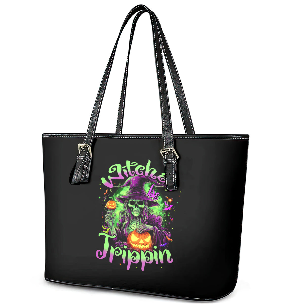 Pumpkin Witch Skull Leather Tote Bag Witches Be Trippin DT01