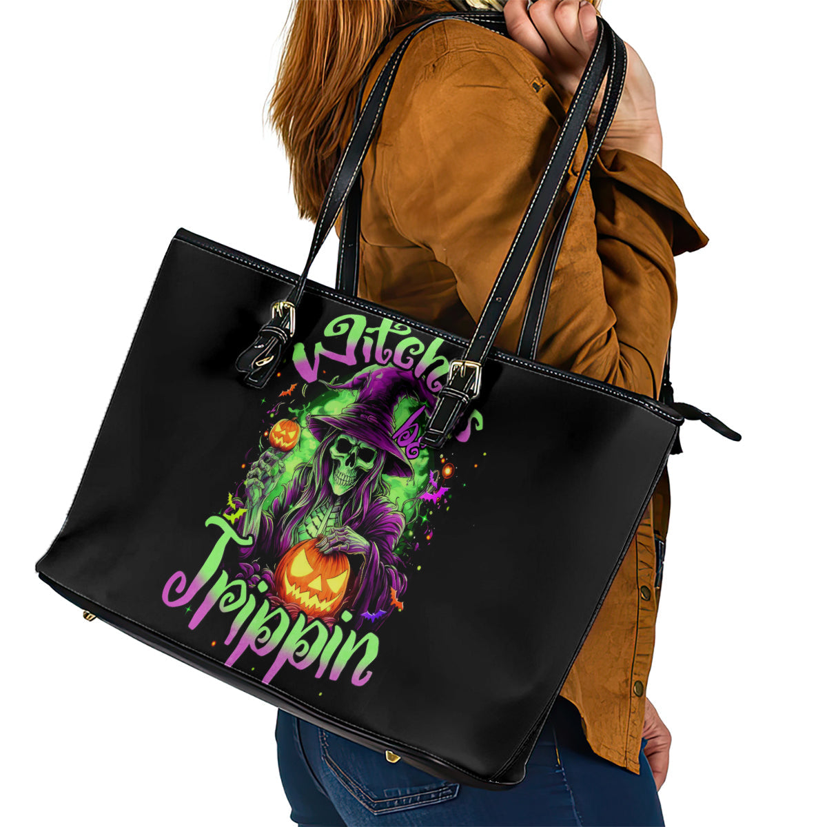 Pumpkin Witch Skull Leather Tote Bag Witches Be Trippin DT01