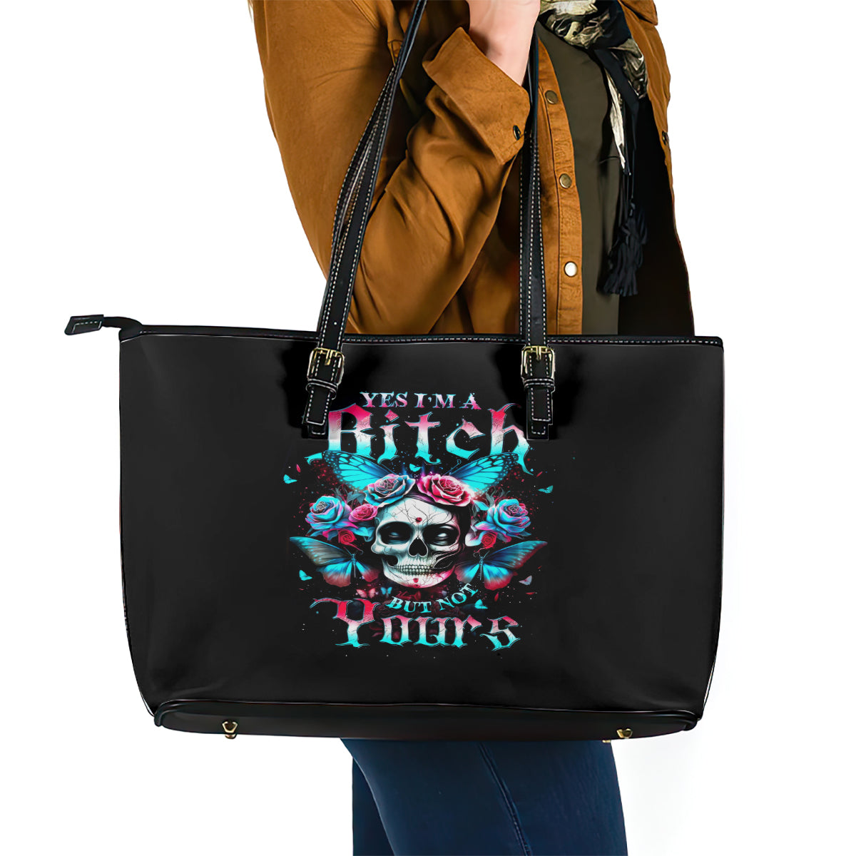 Butterfly Skull Leather Tote Bag Yes I'm Bitch But Not Your DT01