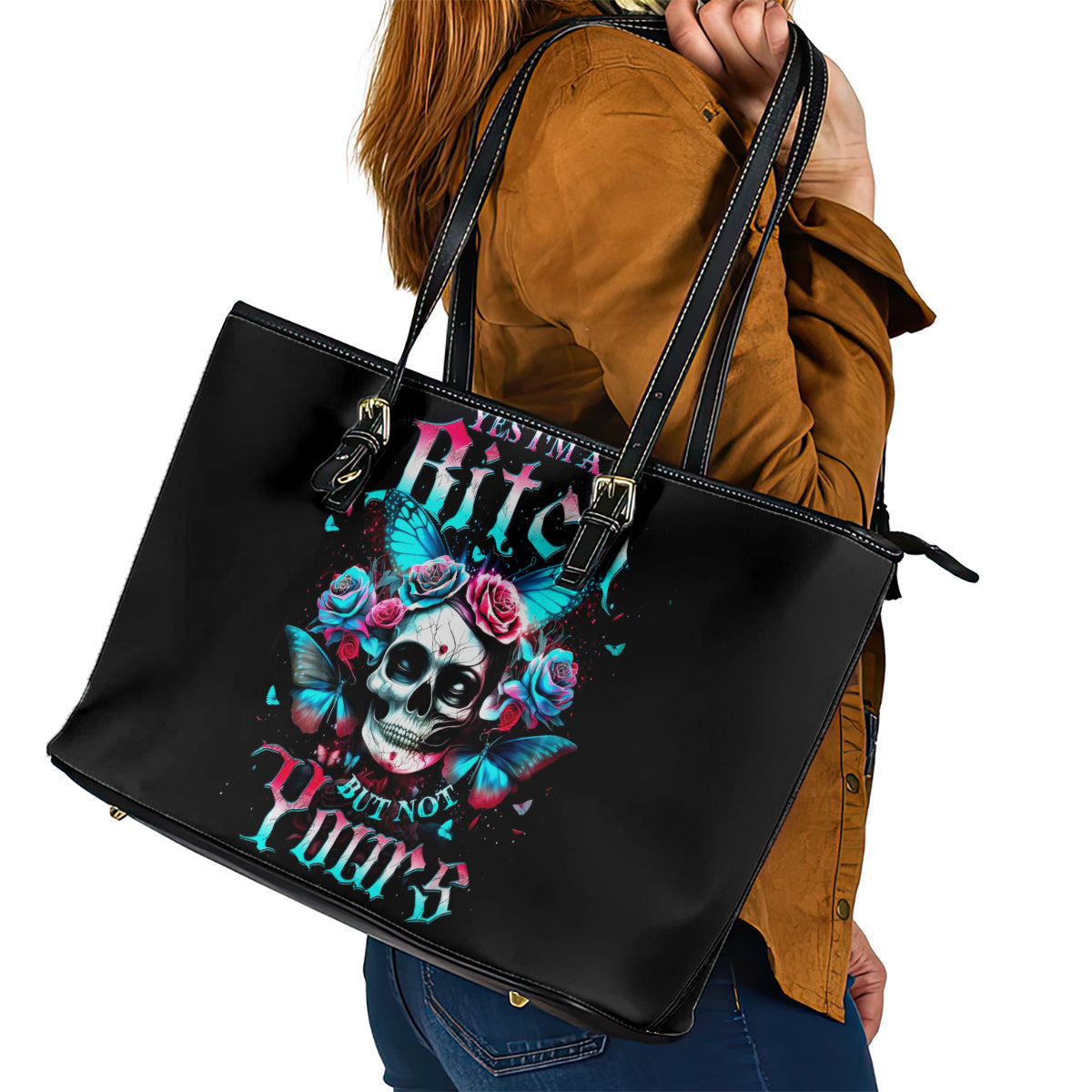 Butterfly Skull Leather Tote Bag Yes I'm Bitch But Not Your DT01
