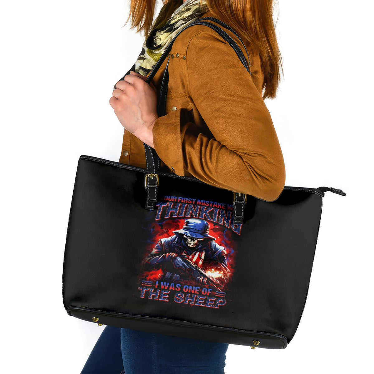 Soldier Skull Leather Tote Bag Your First Mistake Was Thinking I Was One Of The Sheep DT01