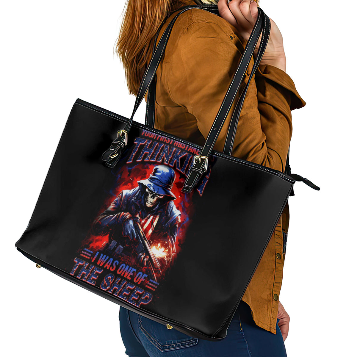Soldier Skull Leather Tote Bag Your First Mistake Was Thinking I Was One Of The Sheep DT01