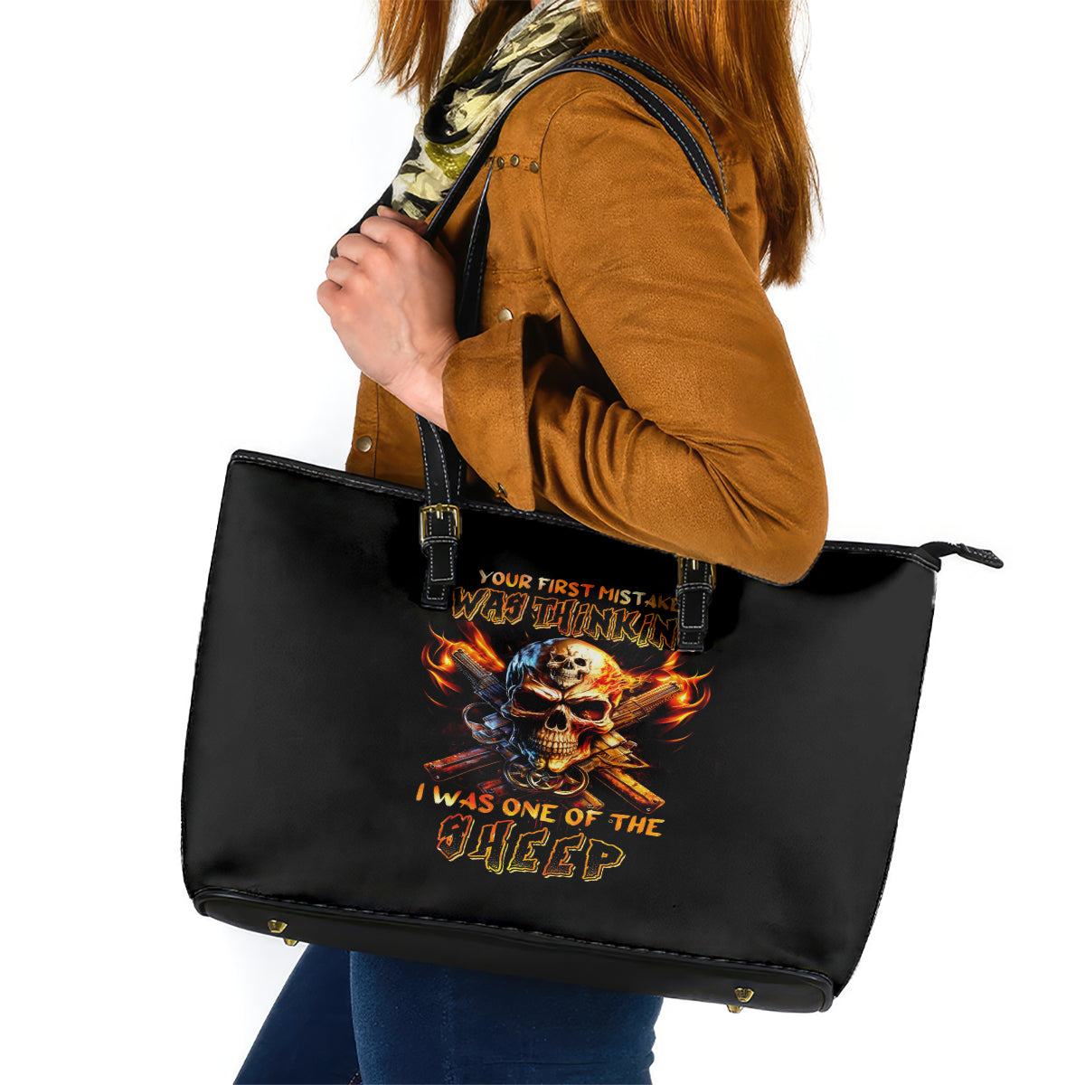 Fire Gun Skull Leather Tote Bag Your First Mistake Was Thinking I Was One Of The Sheep DT01