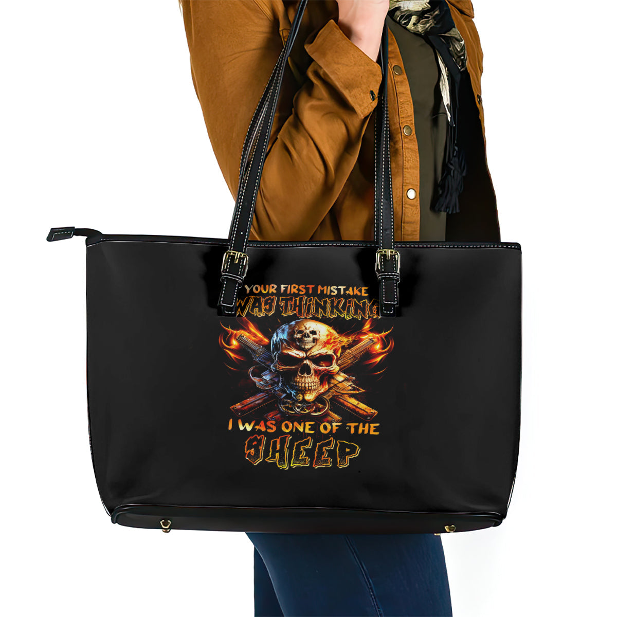 Fire Gun Skull Leather Tote Bag Your First Mistake Was Thinking I Was One Of The Sheep DT01