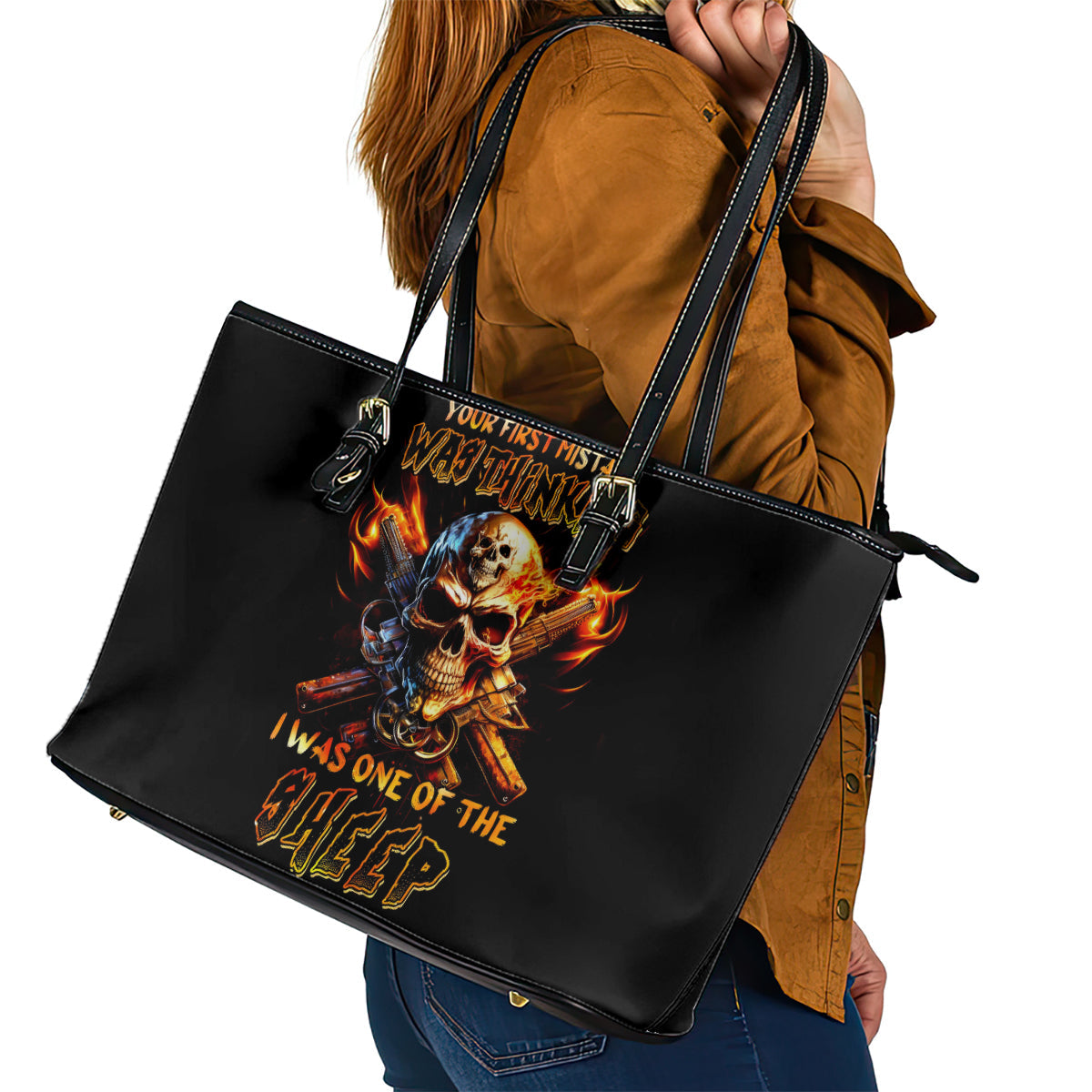 Fire Gun Skull Leather Tote Bag Your First Mistake Was Thinking I Was One Of The Sheep DT01