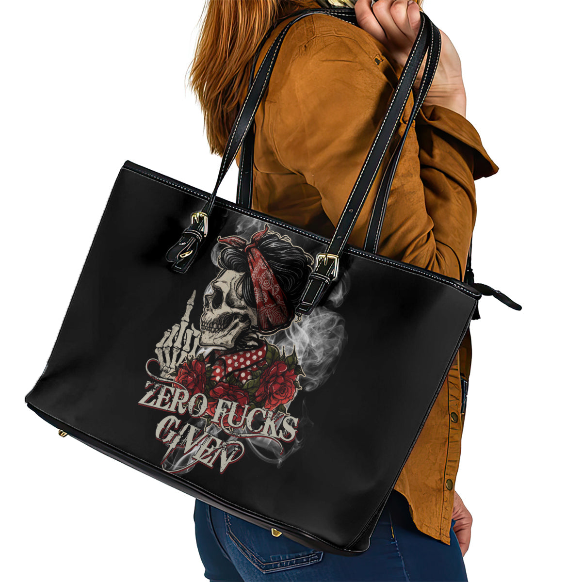Girl Skull Leather Tote Bag Zero Fucking Given DT01