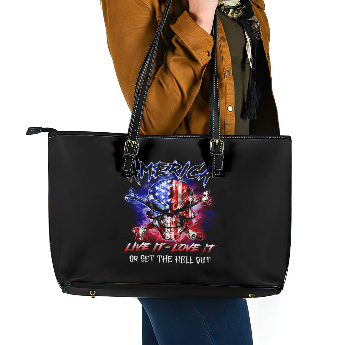 American Skull Leather Tote Bag American Live It Love It Or Get The Hell Out DT01