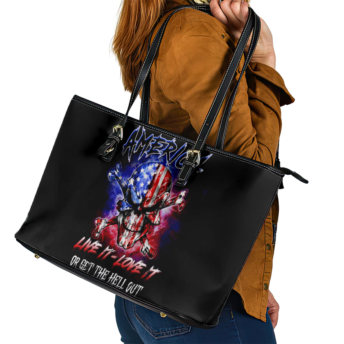 American Skull Leather Tote Bag American Live It Love It Or Get The Hell Out DT01