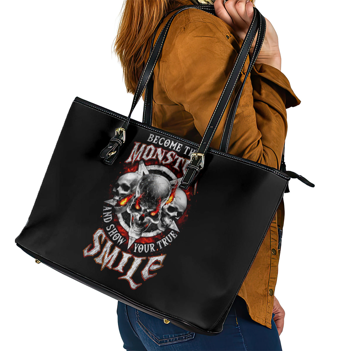 Satan Skull Leather Tote Bag Become The Monster And Show Your True Smile DT01