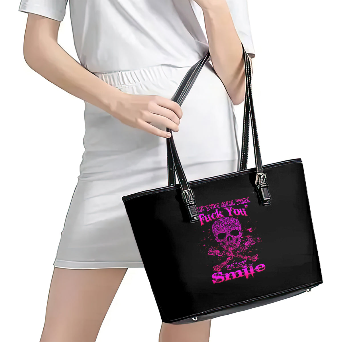 Flower Skull Leather Tote Bag Can You See The Fuck You In My Smile DT01