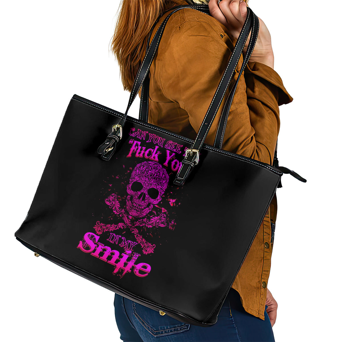 Flower Skull Leather Tote Bag Can You See The Fuck You In My Smile DT01