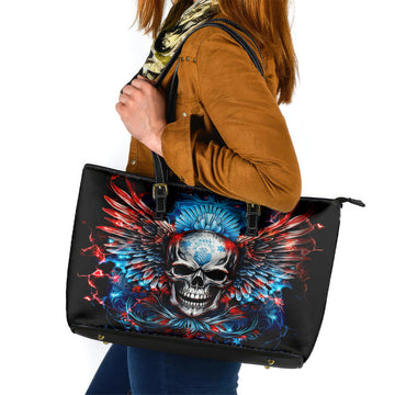 Wings Skull Leather Tote Bag People Are Asking Me Which Sign I was Born Under I Was Born Under A Warning Sigh DT01