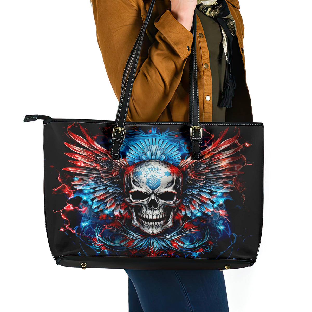Wings Skull Leather Tote Bag People Are Asking Me Which Sign I was Born Under I Was Born Under A Warning Sigh DT01
