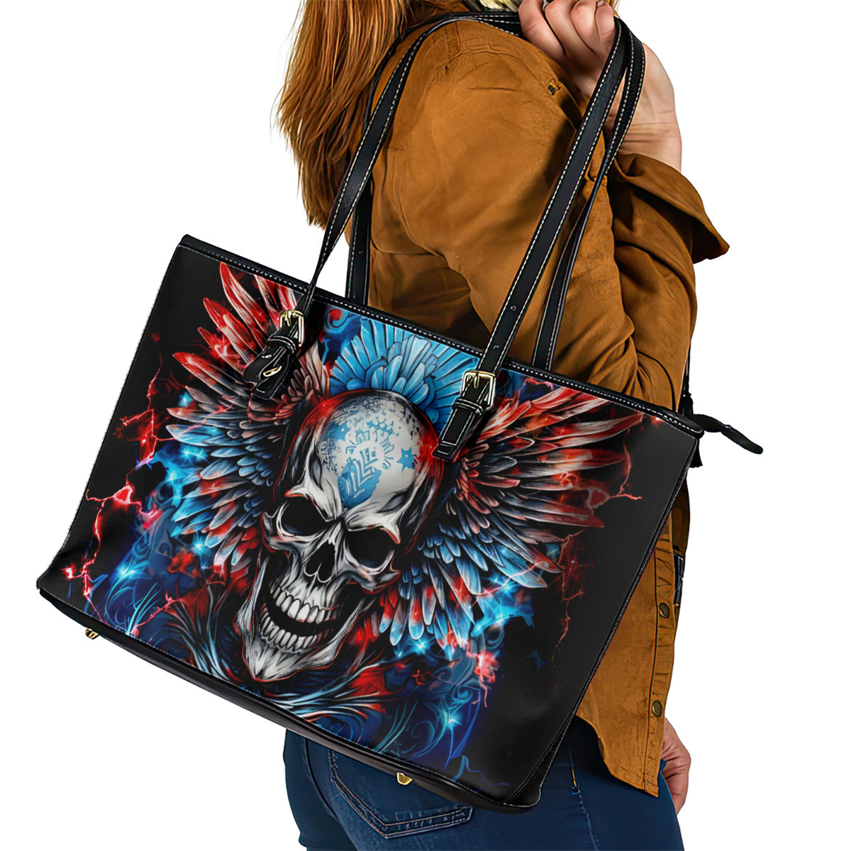 Wings Skull Leather Tote Bag People Are Asking Me Which Sign I was Born Under I Was Born Under A Warning Sigh DT01