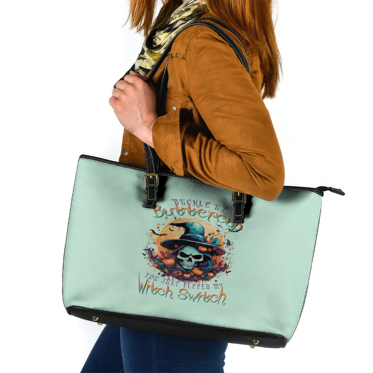 Witch Skull Leather Tote Bag Buckle Up Buttercup You Just FLipped My Witch Switch DT01