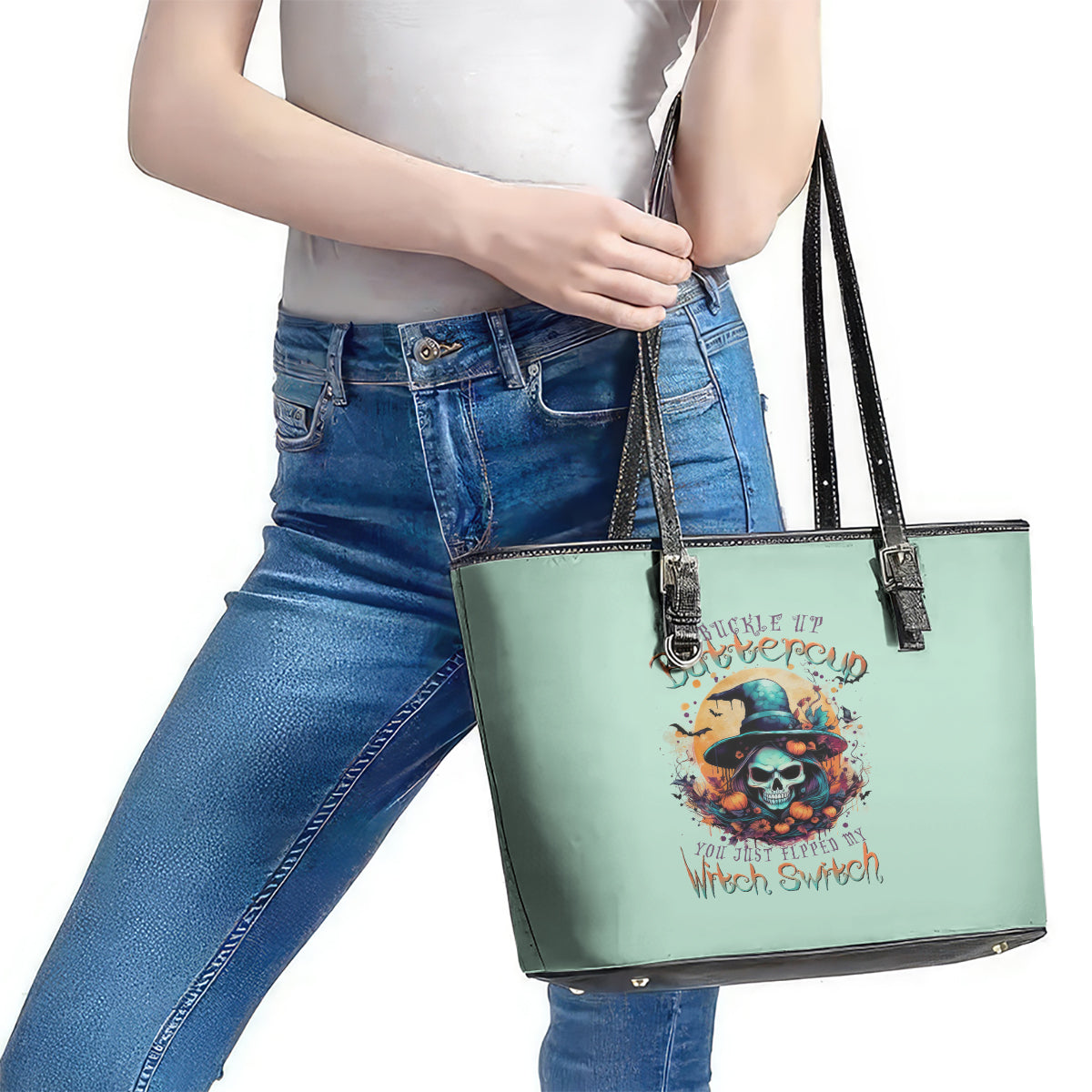Witch Skull Leather Tote Bag Buckle Up Buttercup You Just FLipped My Witch Switch DT01