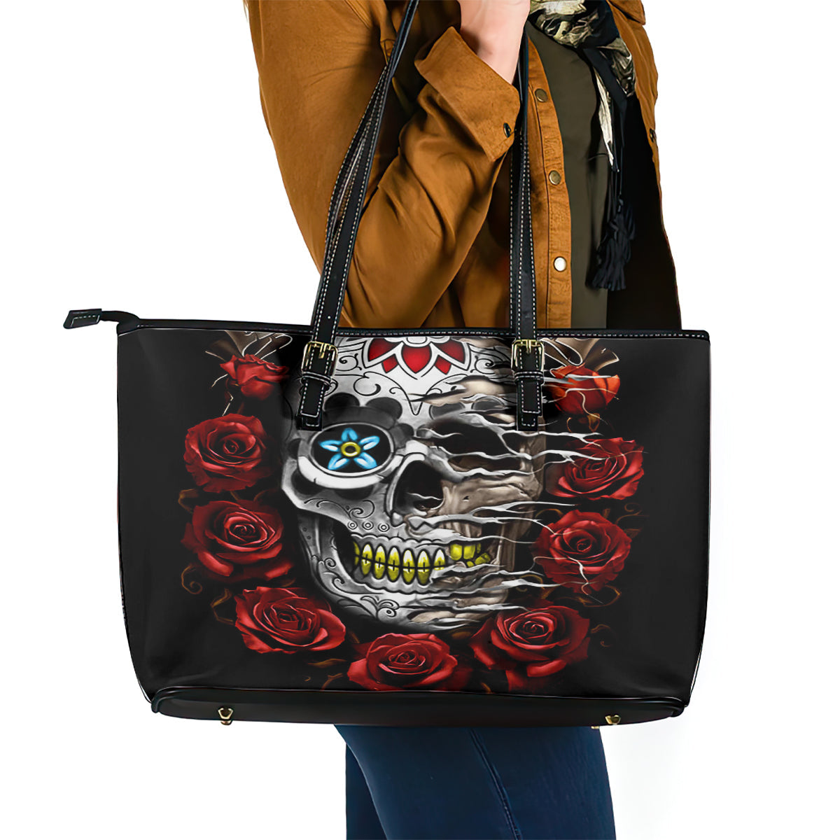 Dia De Muertos Leather Tote Bag Day Of The Death Rose Skull DT01