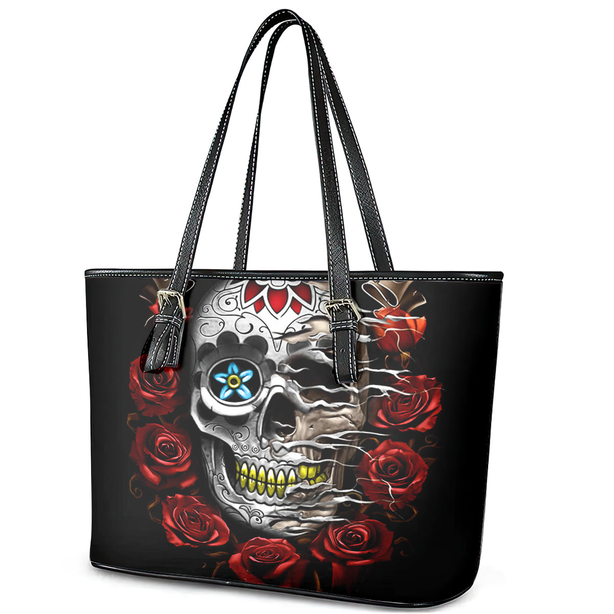 Dia De Muertos Leather Tote Bag Day Of The Death Rose Skull DT01