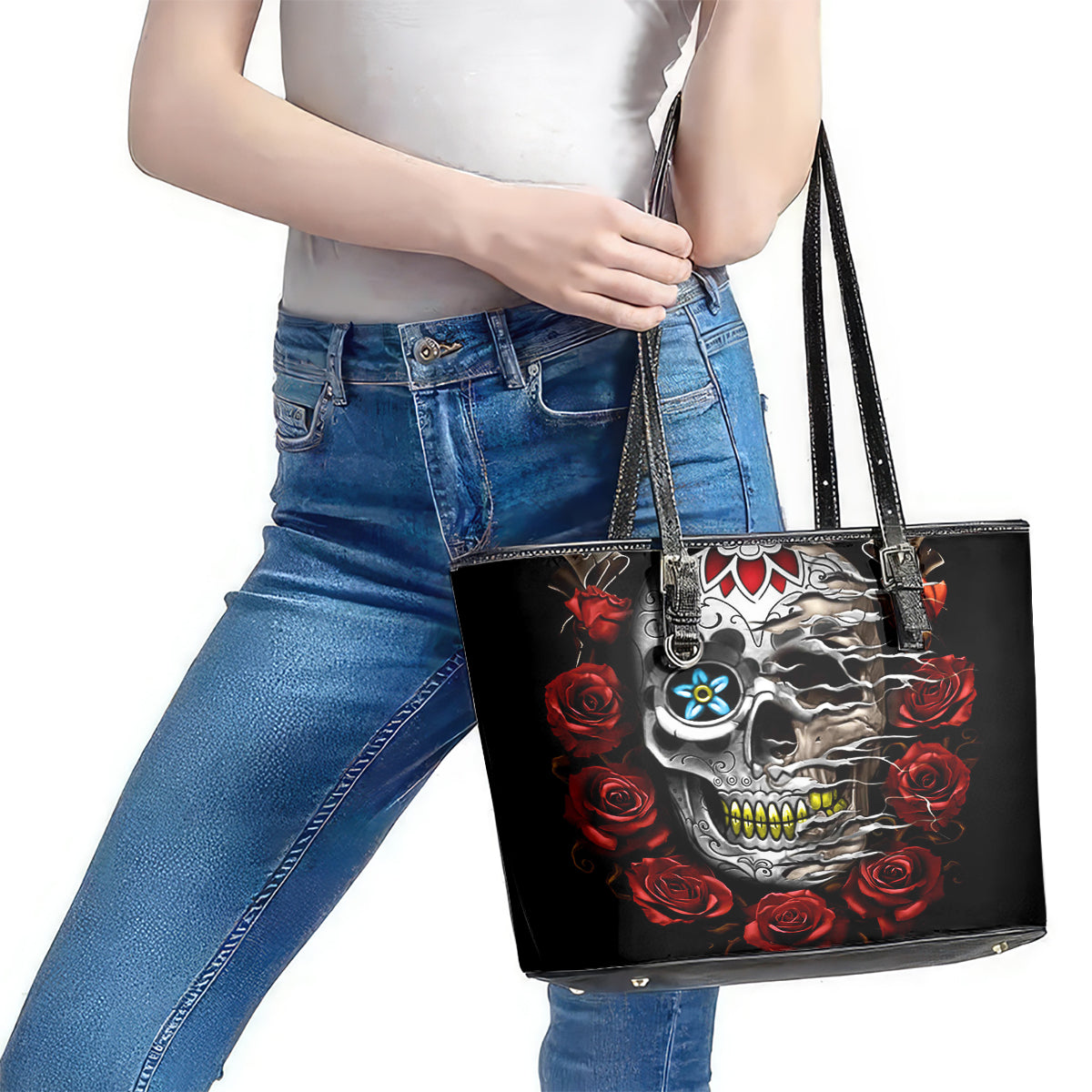 Dia De Muertos Leather Tote Bag Day Of The Death Rose Skull DT01