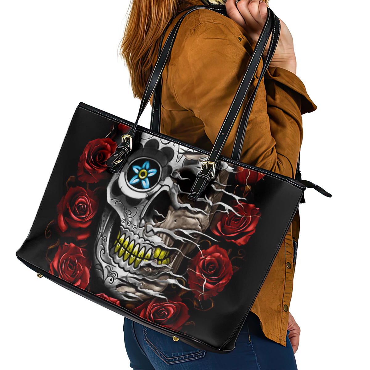 Dia De Muertos Leather Tote Bag Day Of The Death Rose Skull DT01