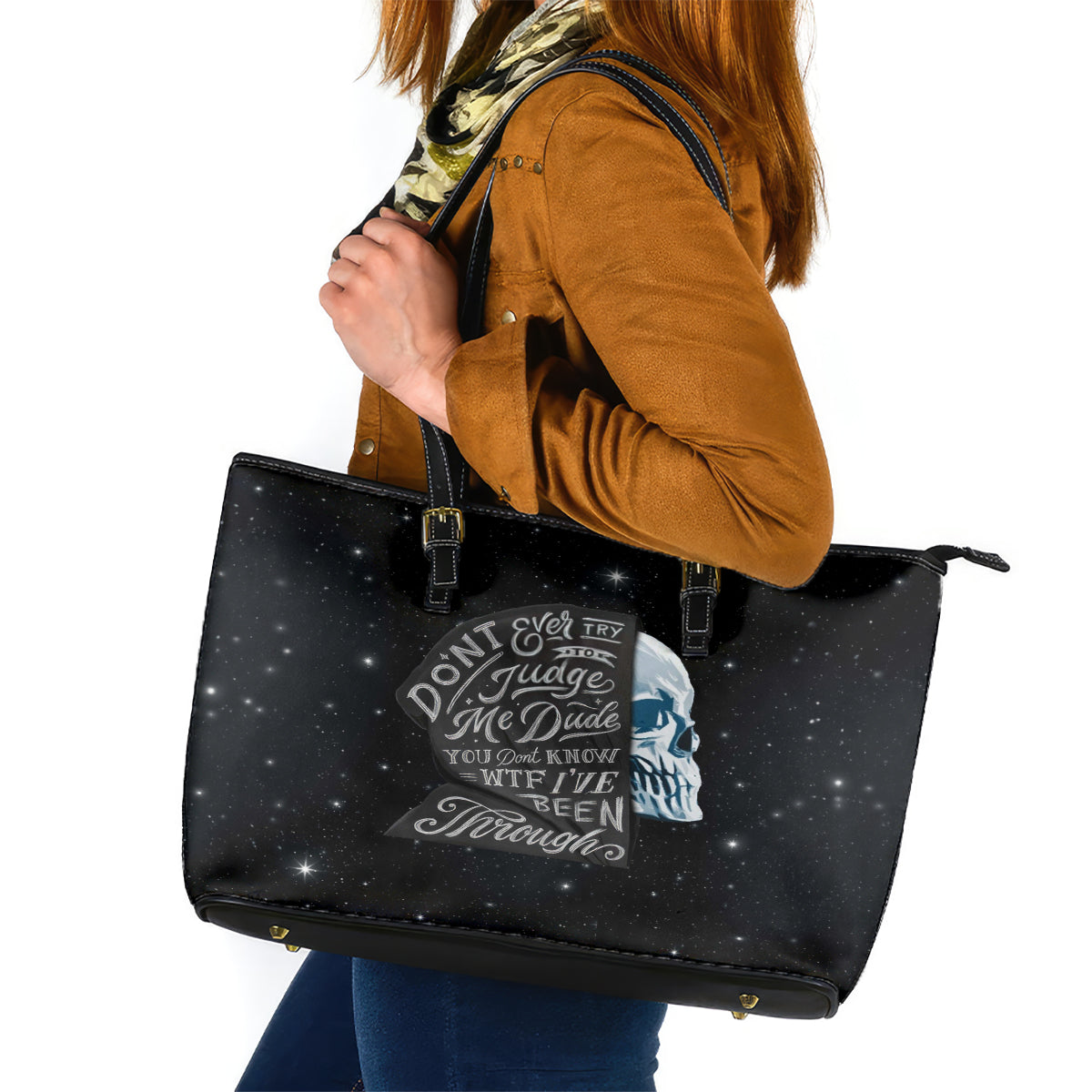 Sad Skull Leather Tote Bag Don't Ever Try To Judge Me Dude DT01