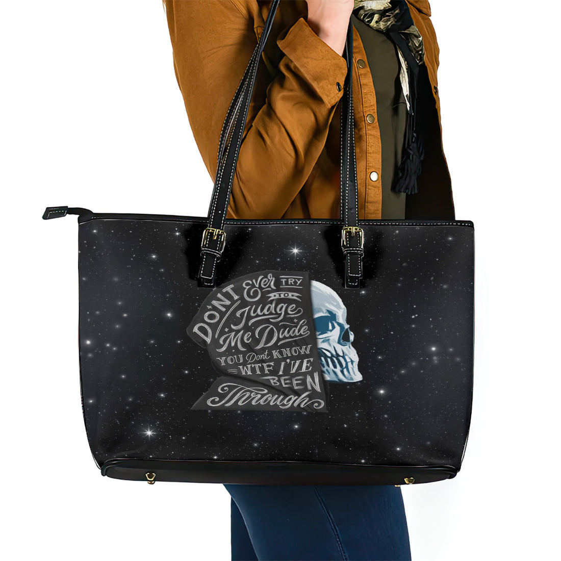 Sad Skull Leather Tote Bag Don't Ever Try To Judge Me Dude DT01