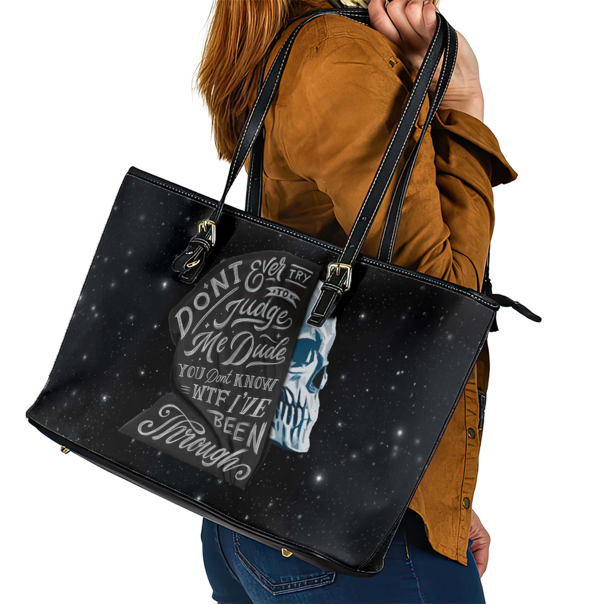 Sad Skull Leather Tote Bag Don't Ever Try To Judge Me Dude DT01