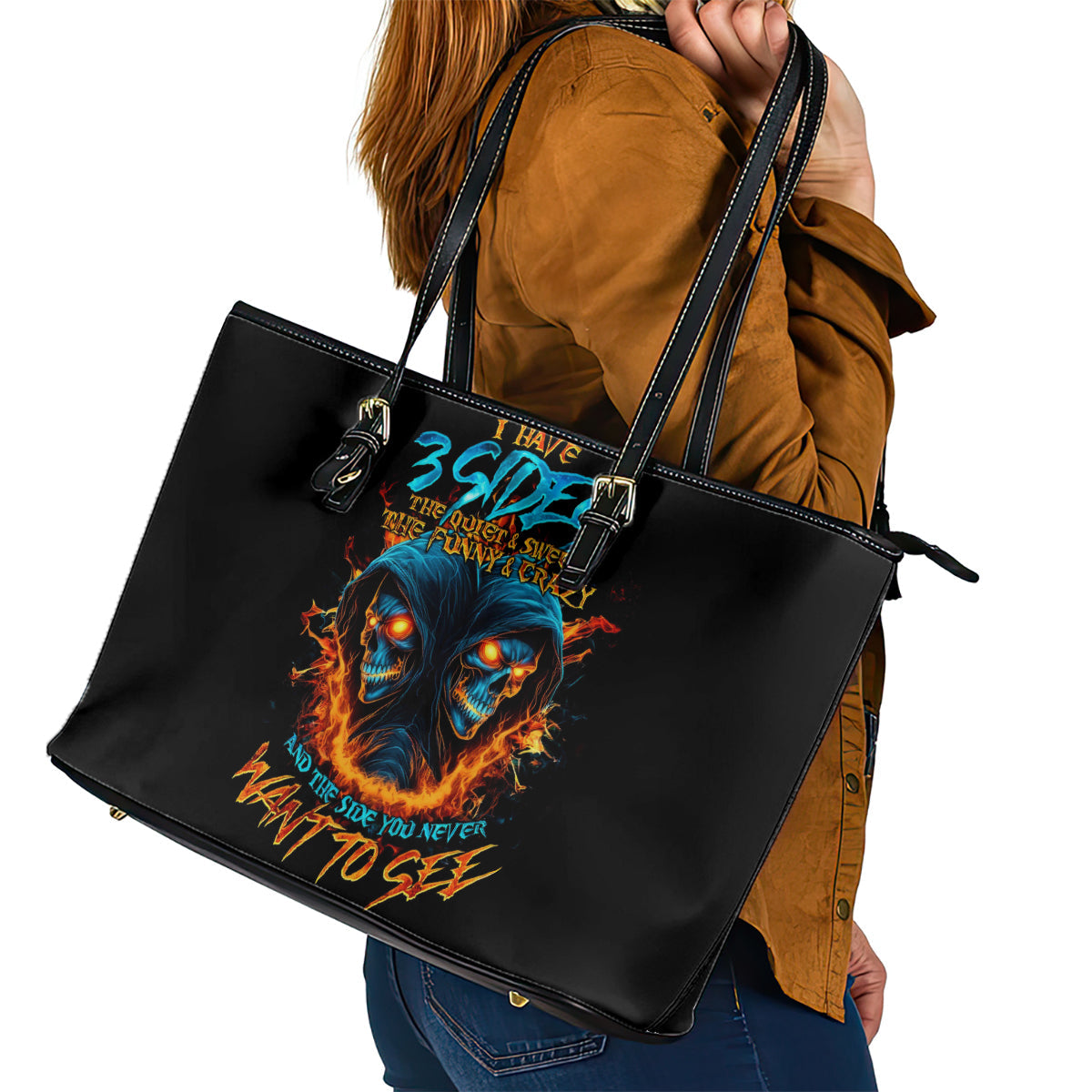 Double Fire Skull Leather Tote Bag I Have 3 Side Quite Funny And The Side You Never Want To See DT01