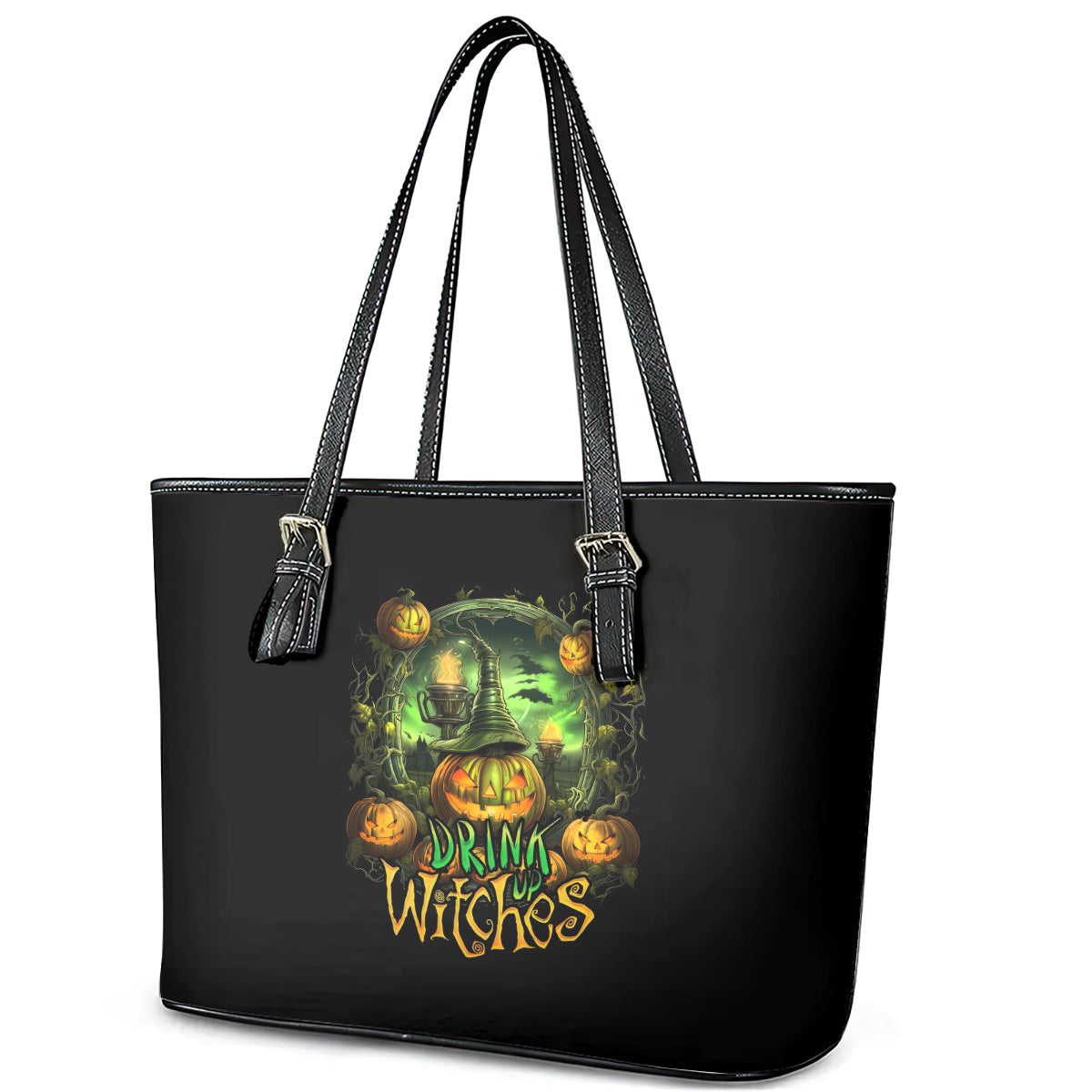 Pumpkin Skull Leather Tote Bag Drink Up Witches DT01