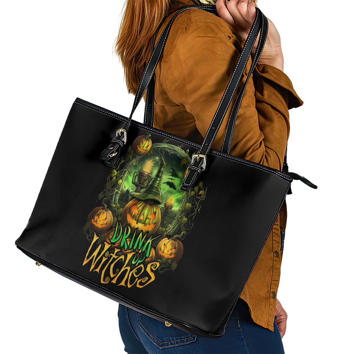 Pumpkin Skull Leather Tote Bag Drink Up Witches DT01