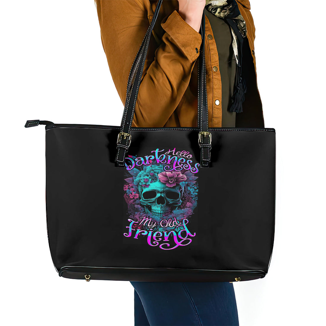 Flower Skull Leather Tote Bag Hello Darkness My Old Friend DT01