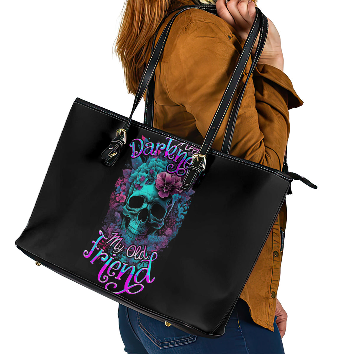 Flower Skull Leather Tote Bag Hello Darkness My Old Friend DT01