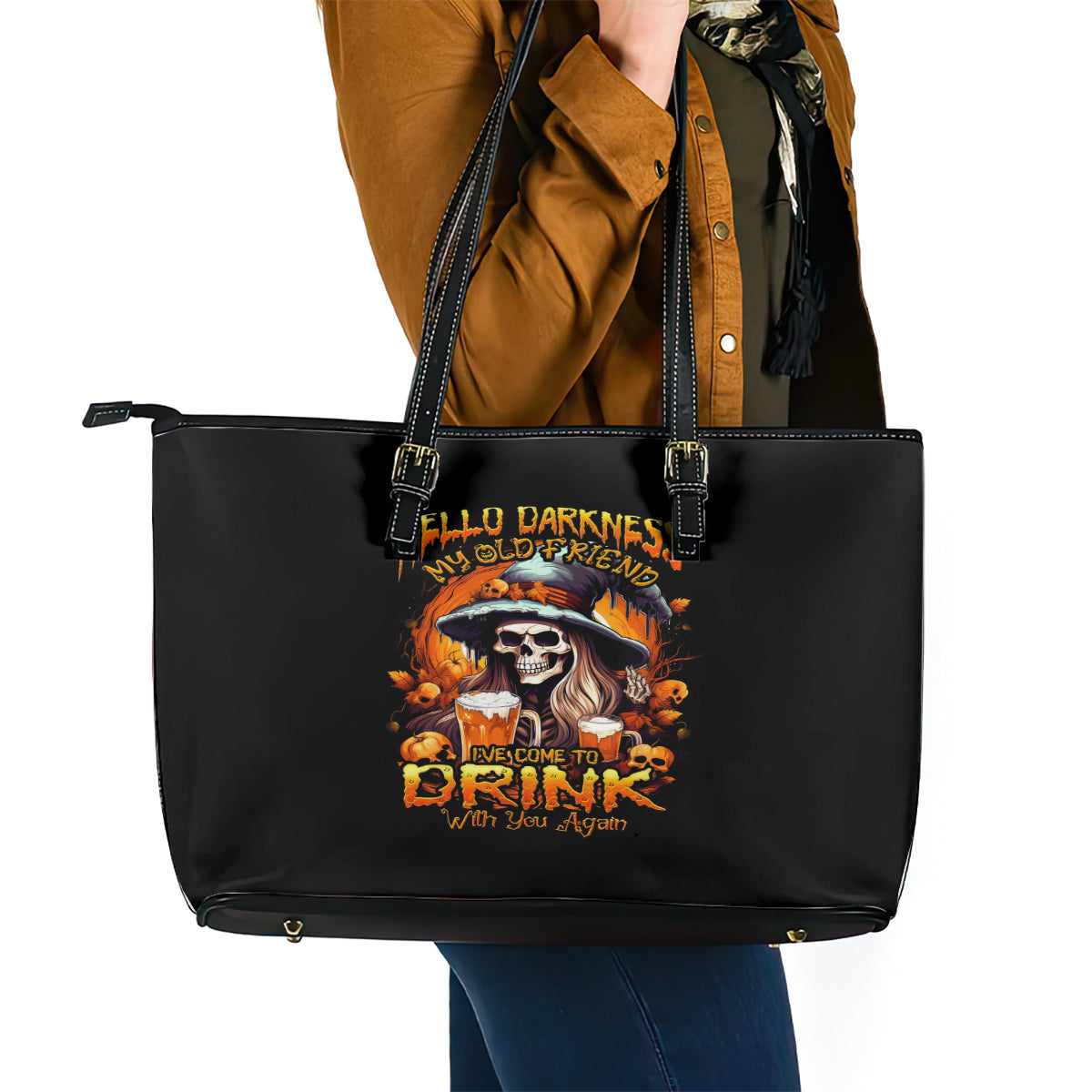 Witch Skull Leather Tote Bag Hello Darkness My Old Friend I Come To Drink With You DT01
