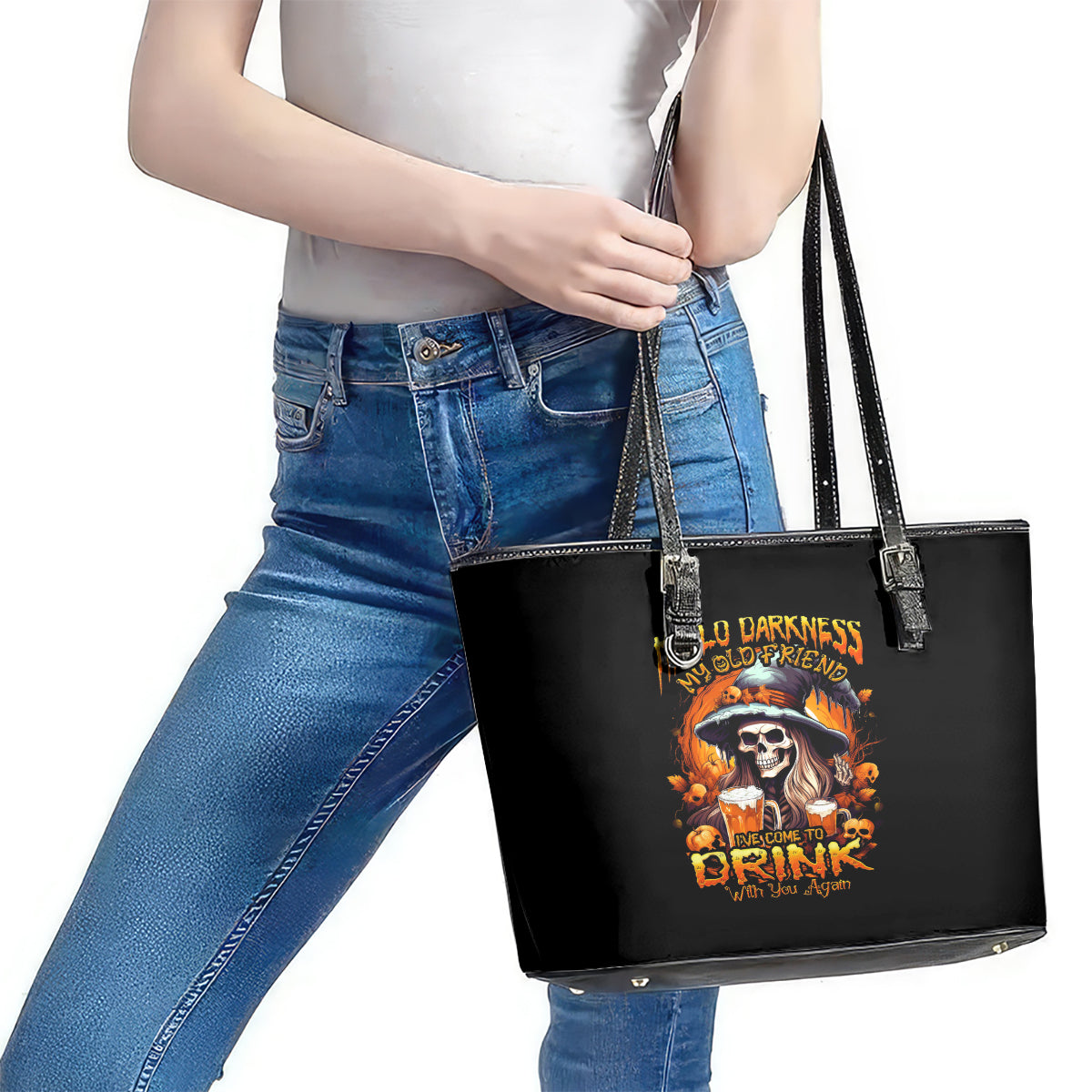 Witch Skull Leather Tote Bag Hello Darkness My Old Friend I Come To Drink With You DT01