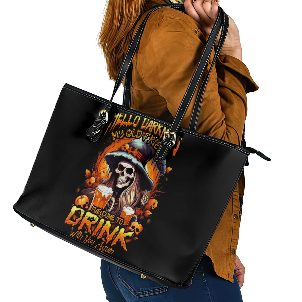 Witch Skull Leather Tote Bag Hello Darkness My Old Friend I Come To Drink With You DT01