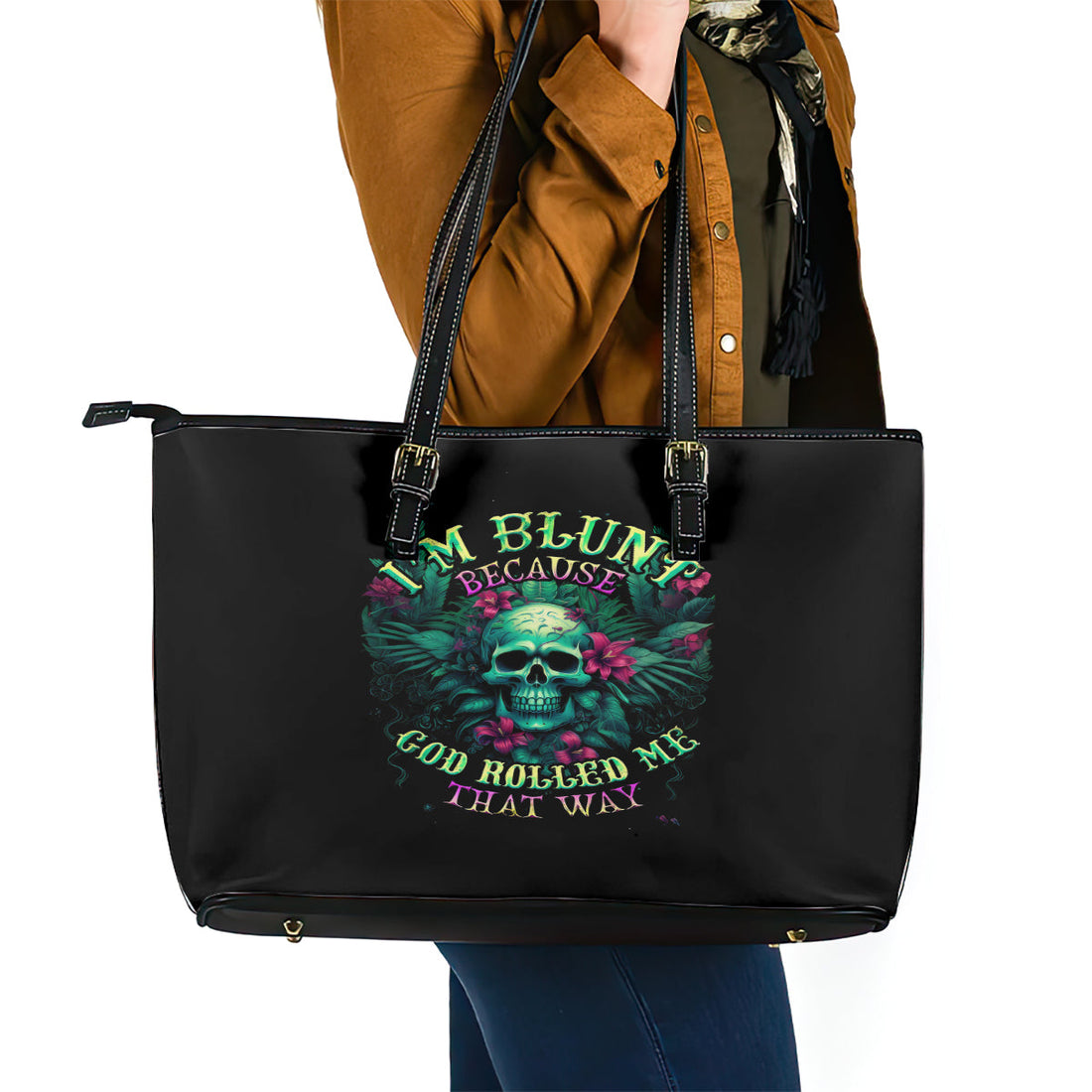Tropical Skull Leather Tote Bag I'm Blunt Because God Rolled Me That Way DT01