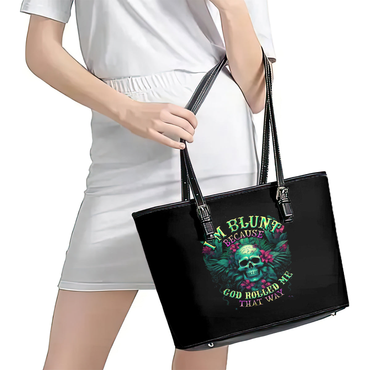 Tropical Skull Leather Tote Bag I'm Blunt Because God Rolled Me That Way DT01