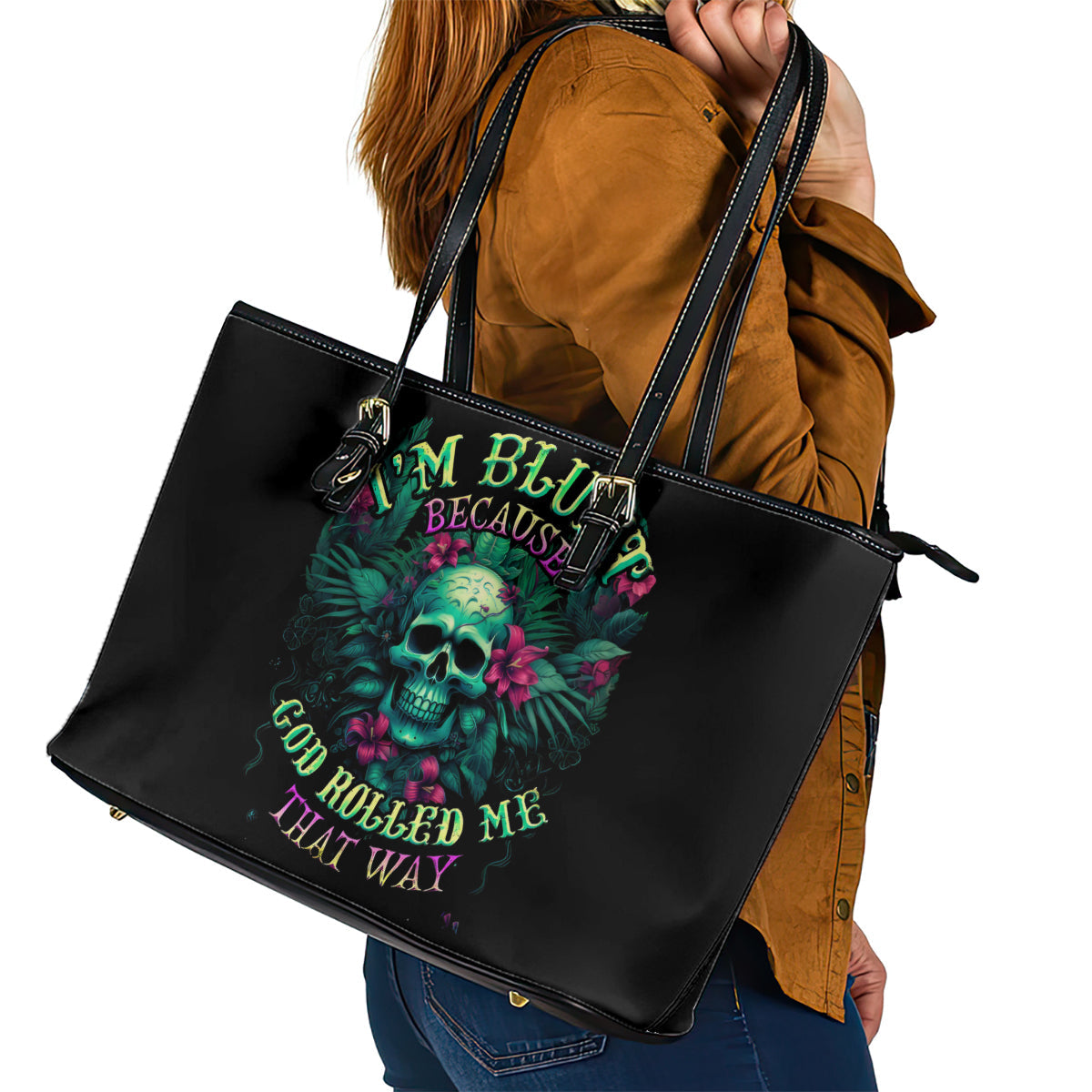 Tropical Skull Leather Tote Bag I'm Blunt Because God Rolled Me That Way DT01