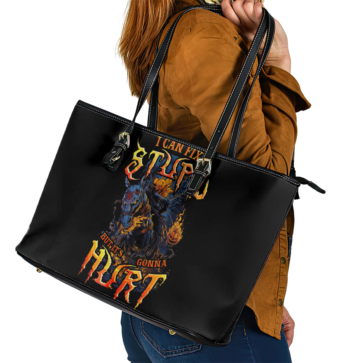 Jack O Lantern Skull Leather Tote Bag I Can Fix Stupid But It's Gonna Hurt DT01