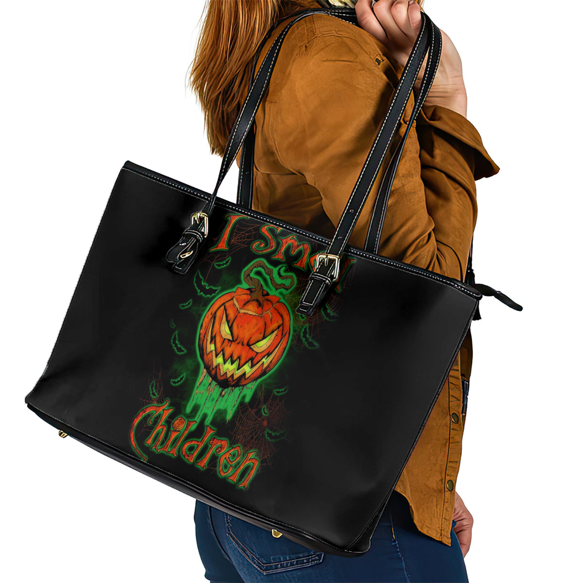Jack O Lantern Skull Leather Tote Bag I Smell Children DT01