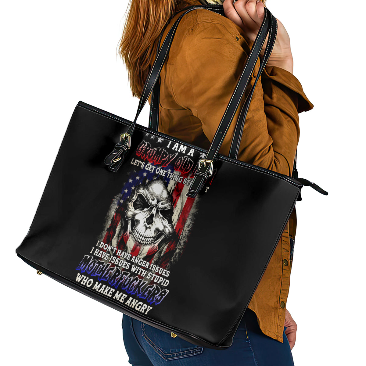 American Skull Leather Tote Bag Grumpy Old Man Motherfuckers Who Make Me Angry DT01