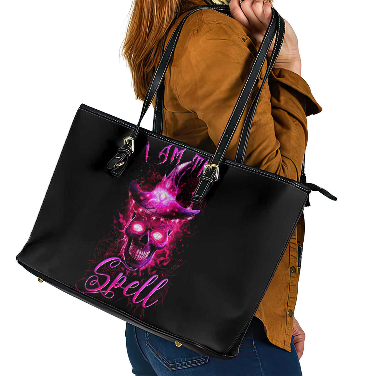 Witch Skull Leather Tote Bag Iam The Spell DT01