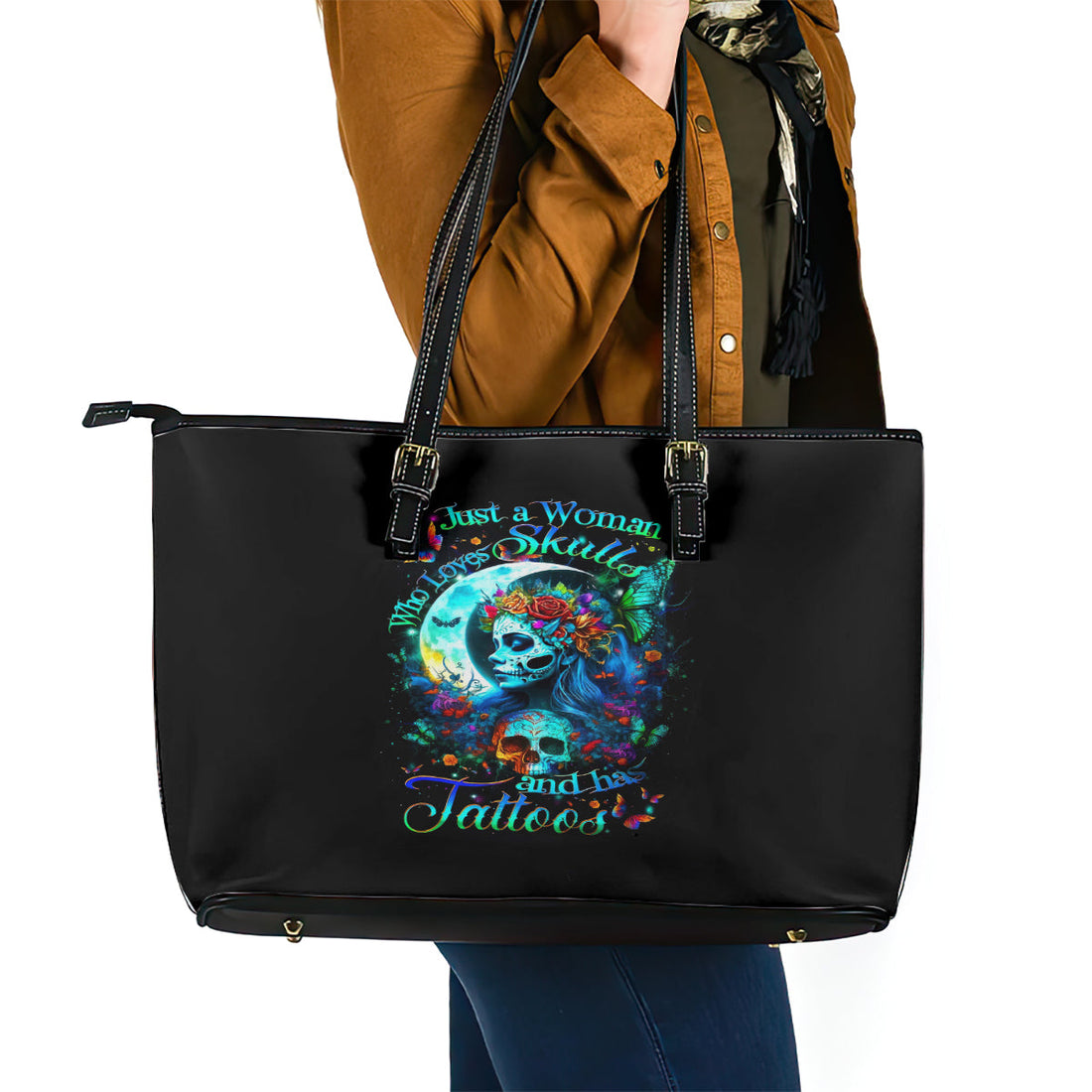 Fairy Skull Leather Tote Bag Just The Woman Who Loves Skull And Tattoo DT01