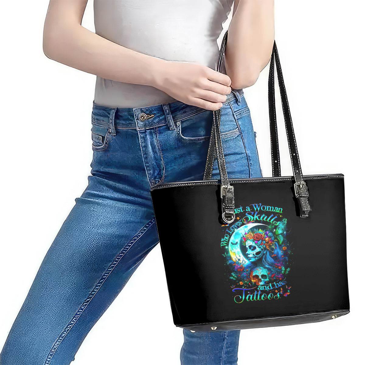 Fairy Skull Leather Tote Bag Just The Woman Who Loves Skull And Tattoo DT01