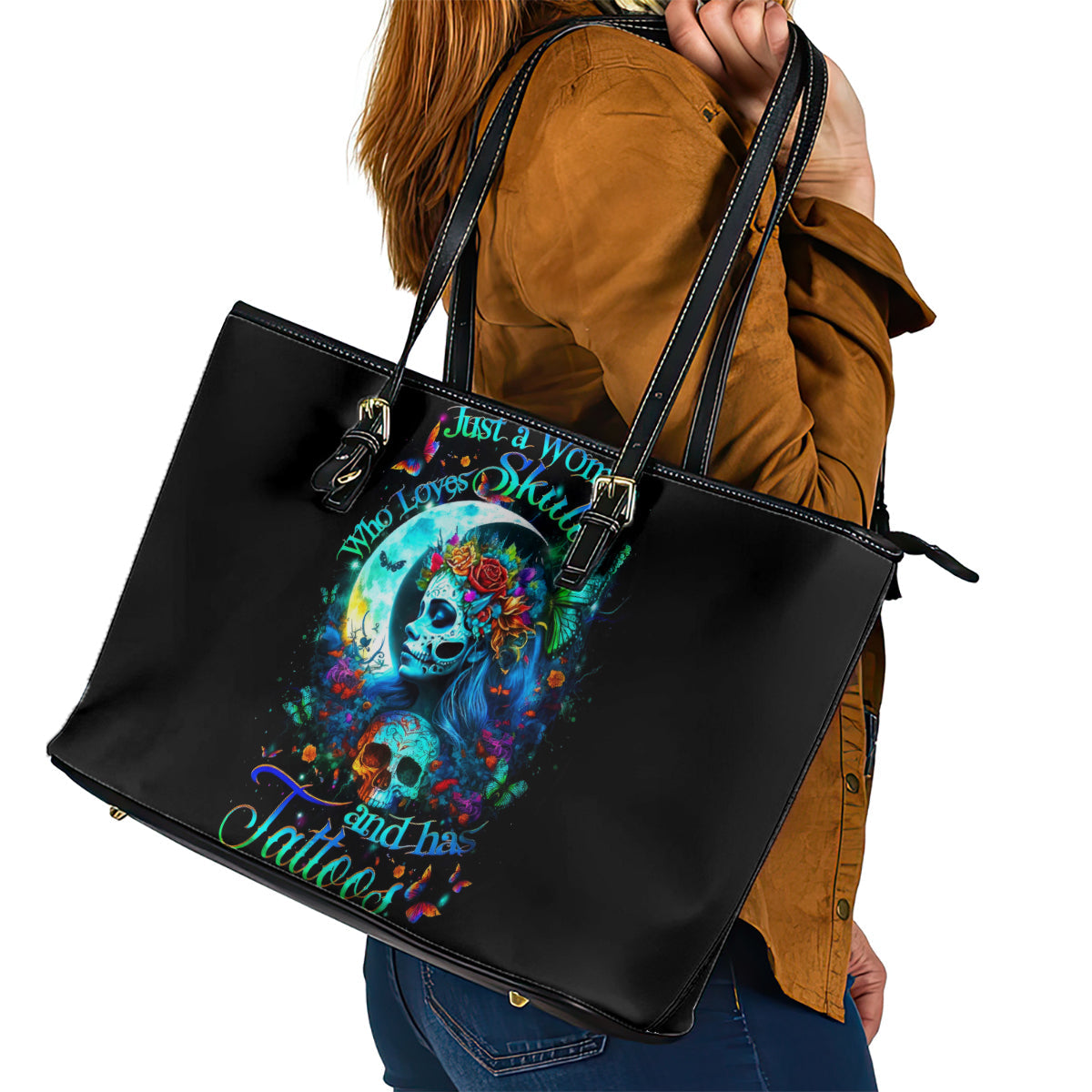 Fairy Skull Leather Tote Bag Just The Woman Who Loves Skull And Tattoo DT01