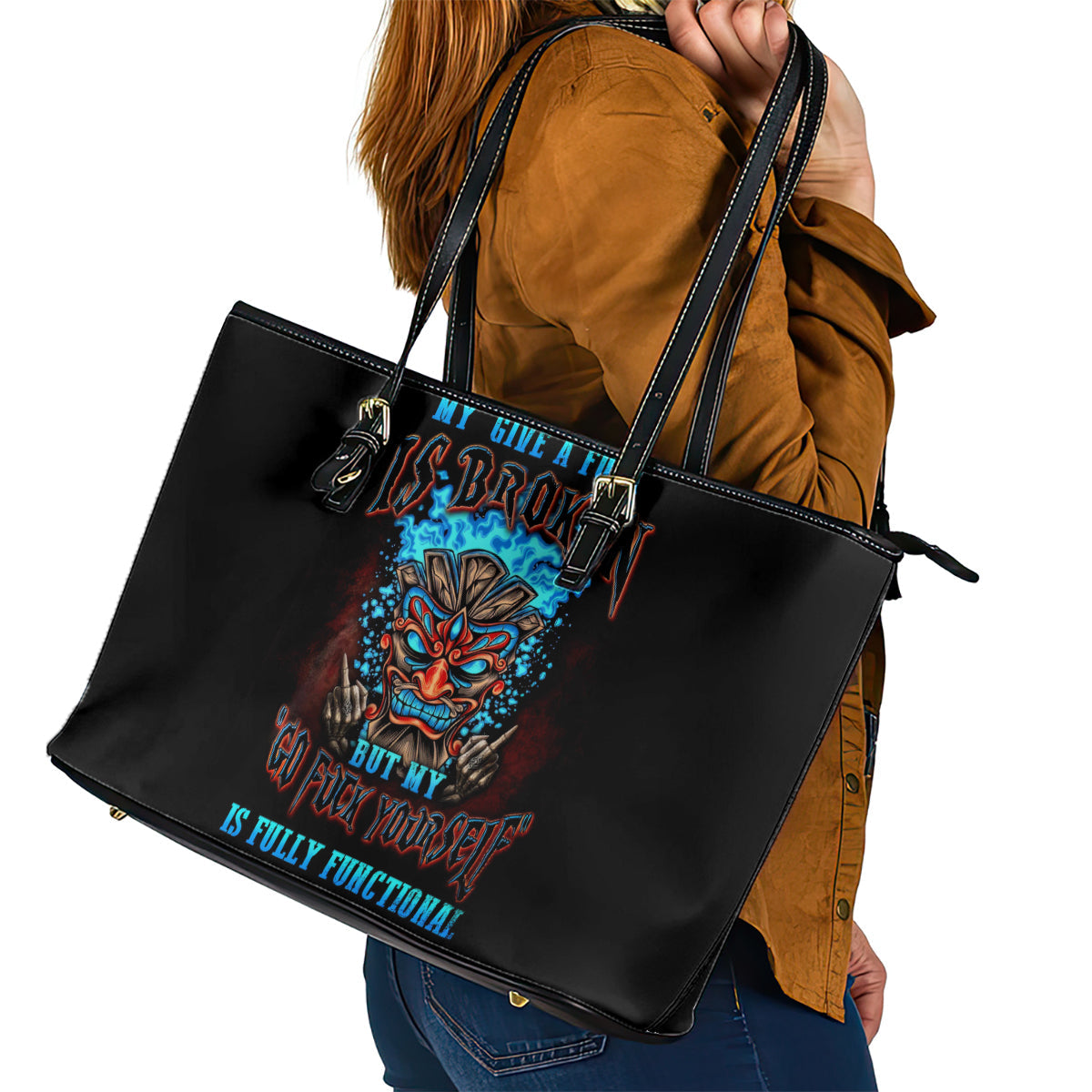 Tiki Skull Leather Tote Bag I Give A Fuck Is Broken But My Go Fuck Yourself DT01